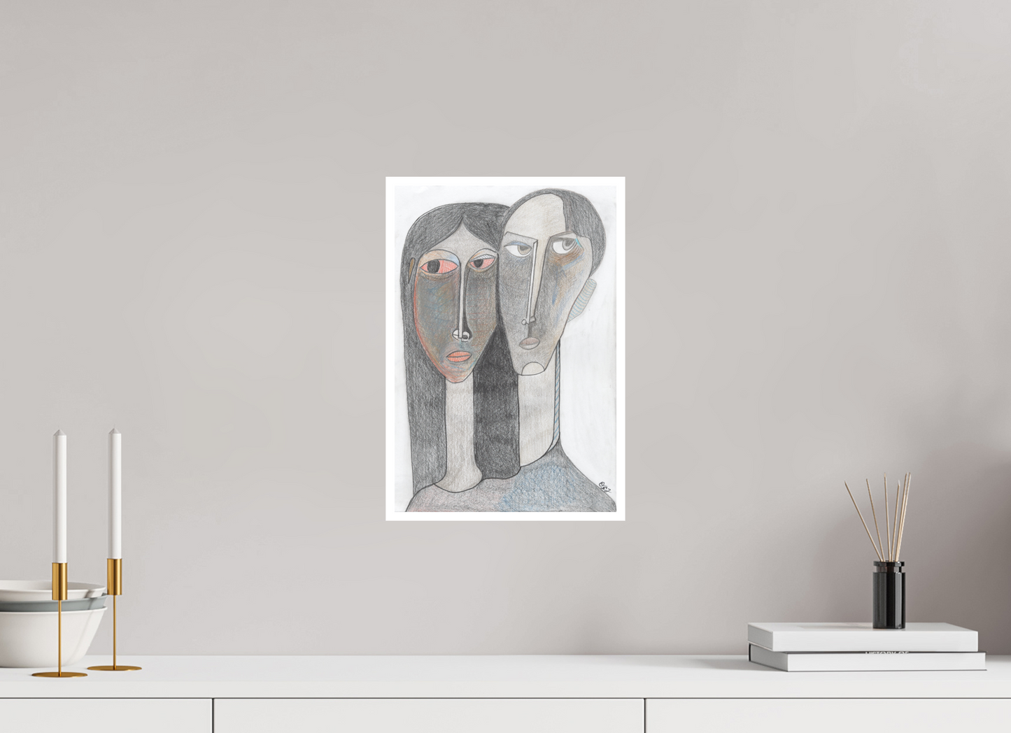 25 x 36,8 cm, Fine Art Print - Hahnemühle Photo Rag - 1 cm Border "The Couple" – Premium Fine Art Print / Modern Cubist Portrait Reproduction