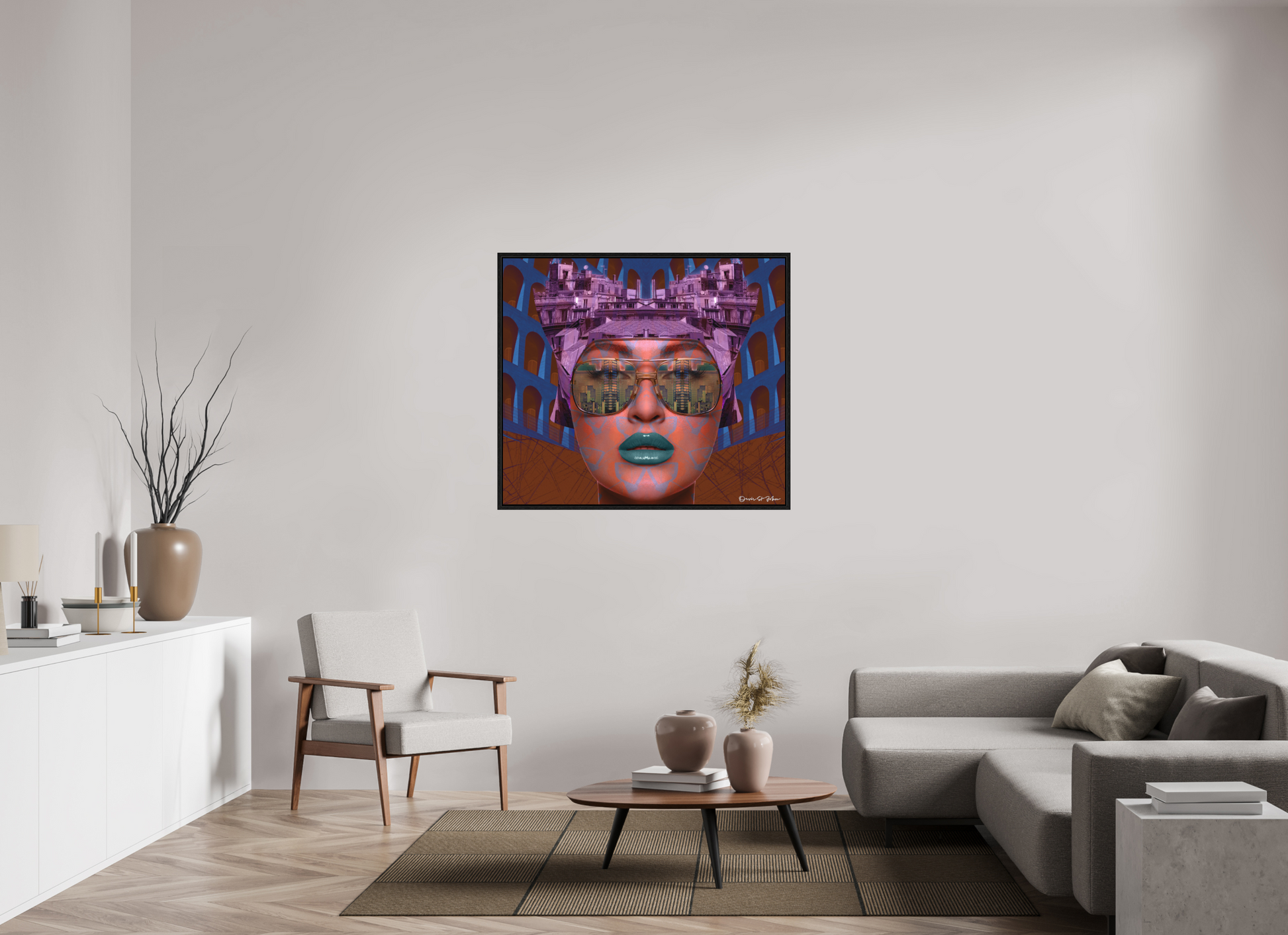 114,7 x 100 cm, Photo behind Acrylic Glass with Oak Basel 15 Frame "Jetsetter" – Acrylic Glass Gallery Print (Black Basel Frame / Ready to Hang)