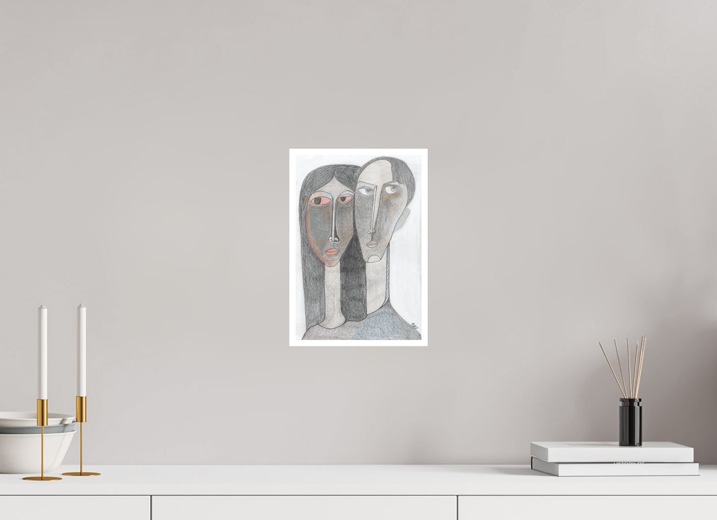 20 x 29,4 cm, Fine Art Print - Hahnemühle Photo Rag - 1 cm Border "The Couple" – Premium Fine Art Print / Modern Cubist Portrait Reproduction