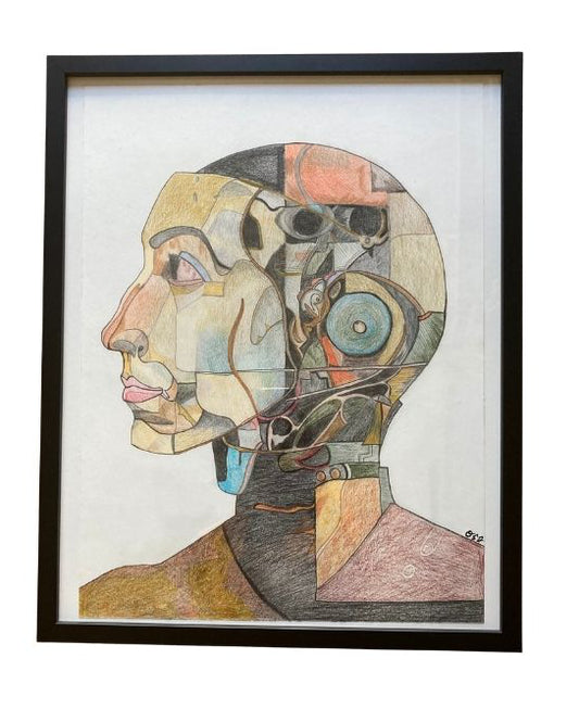 "Modified Human" – Original Framed Cubist Sci-Fi Pencil Drawing by Orvis St. John