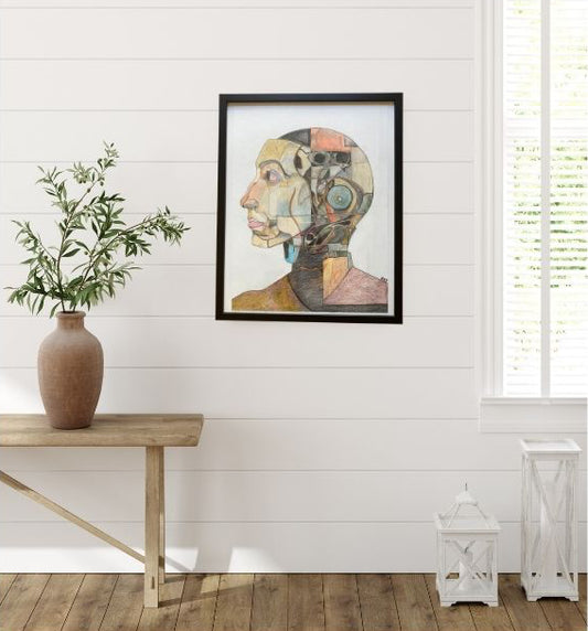 "Modified Human" – Original Framed Cubist Sci-Fi Pencil Drawing by Orvis St. John