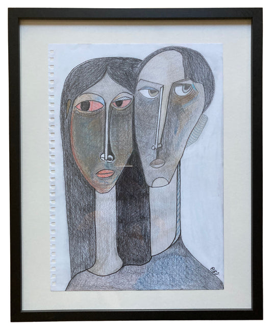 The Couple" – Original Framed Modern Cubist Portrait Drawing by Orvis St. John