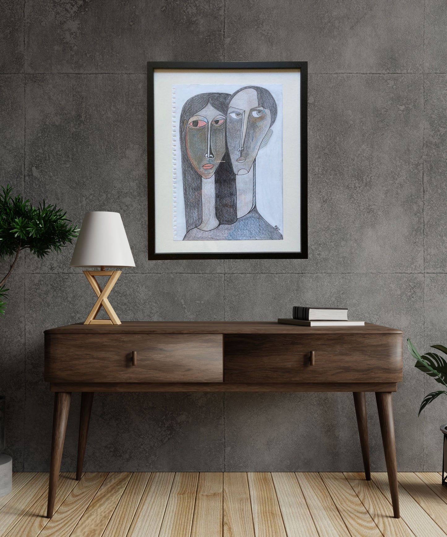 The Couple" – Original Framed Modern Cubist Portrait Drawing by Orvis St. John