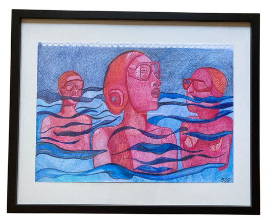 "The Swimmers" – Original Framed Surrealist Colored Pencil Drawing by Orvis St. John