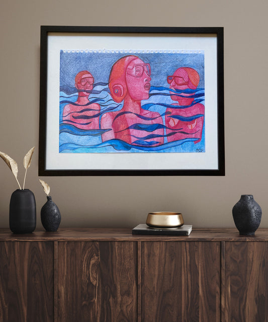 "The Swimmers" – Original Framed Surrealist Colored Pencil Drawing by Orvis St. John
