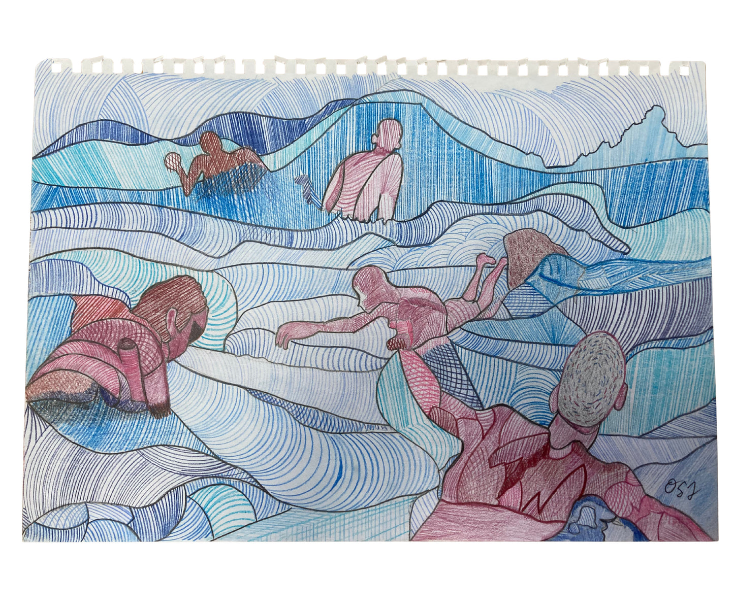 "Wave Riders" – Original Ocean Abstract Sketchbook Drawing by Orvis St. John
